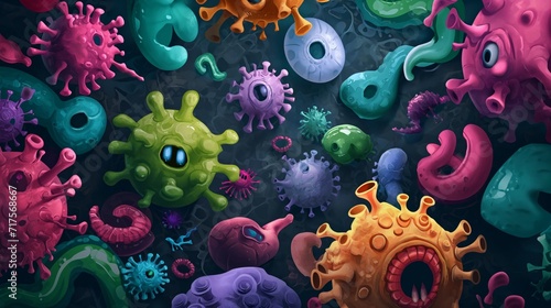 Funny microorganisms viruses and disease, Colorful Bacteria, covid, corona, cartoon illustration.