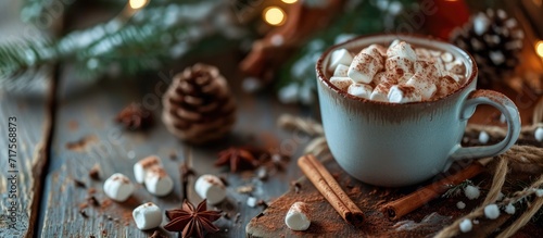 hot chocolate with mini marshmallows cinnamon winter drink. Copy space image. Place for adding text or design
