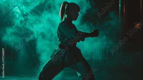 a woman practicing karate in a dark scene, in the style of explosive pigmentation, white and emerald, quantumpunk, neo-academism, pop-culture-infused, back button focus, unapologetic grit