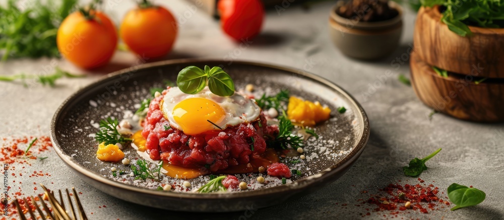 Gourmet tartar raw from beef fillet with yellow of the egg and vegetable as top view on modern design plate. Copy space image. Place for adding text or design