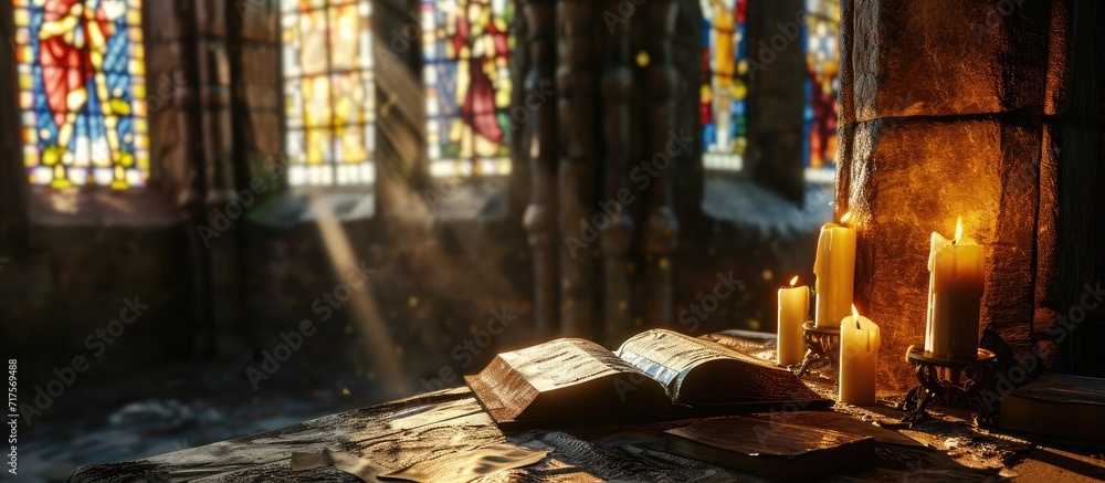 Open Bible flanked with two candles near a sunlit stained glass window in an old monestery. Copy space image. Place for adding text or design