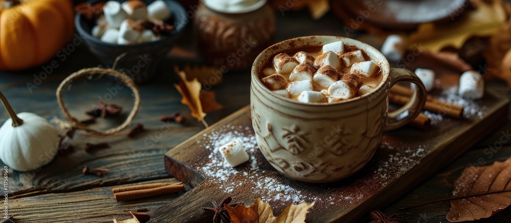 Hot cocoa drink with marshmallows and cinnamon in a mug on a wooden board with autumn leaves. Copy space image. Place for adding text or design Hot cocoa drink with marshmallows and cinnamon in a mug on a wooden board with autumn leaves. Copy space image. Place for adding text or design