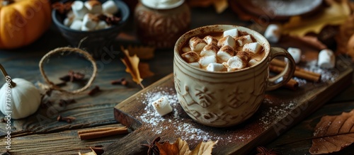 Hot cocoa drink with marshmallows and cinnamon in a mug on a wooden board with autumn leaves. Copy space image. Place for adding text or design