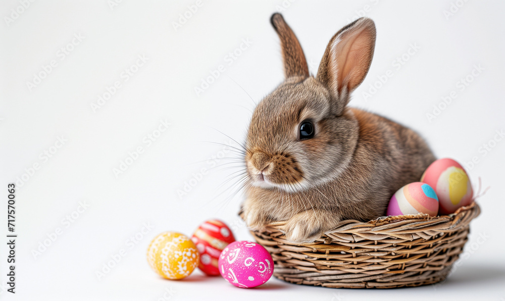 An Easter bunny on a white background, whether it’s sitting next to Easter basket with eggs. An Easter bunny on a white background, whether it’s sitting next to Easter basket with eggs.