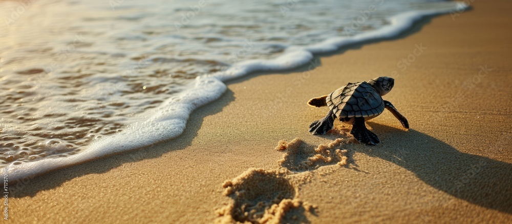 Little Sea Turtle Cub Crawls along the Sandy shore in the direction of ...