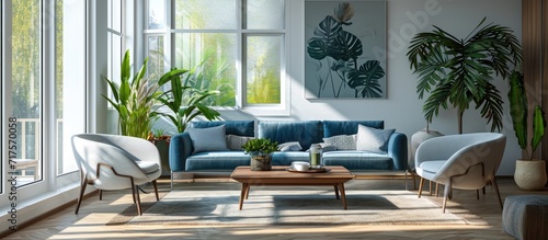 Living room with a large blue sofa a low square wooden table and white armchairs next to a window. Copy space image. Place for adding text or design photo