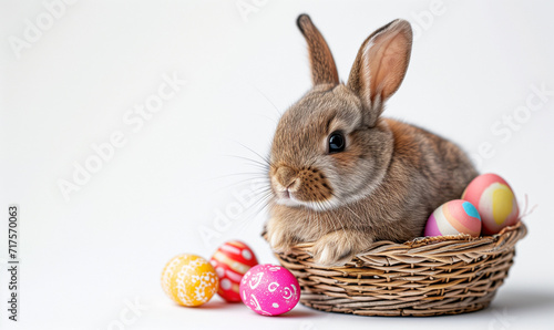 An Easter bunny on a white background, whether it’s sitting next to Easter basket with eggs. © Irina