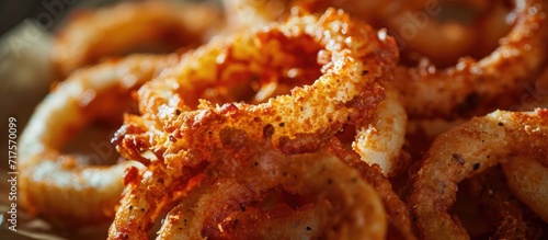 Onion rings in batter Tasty food close up. Copy space image. Place for adding text or design