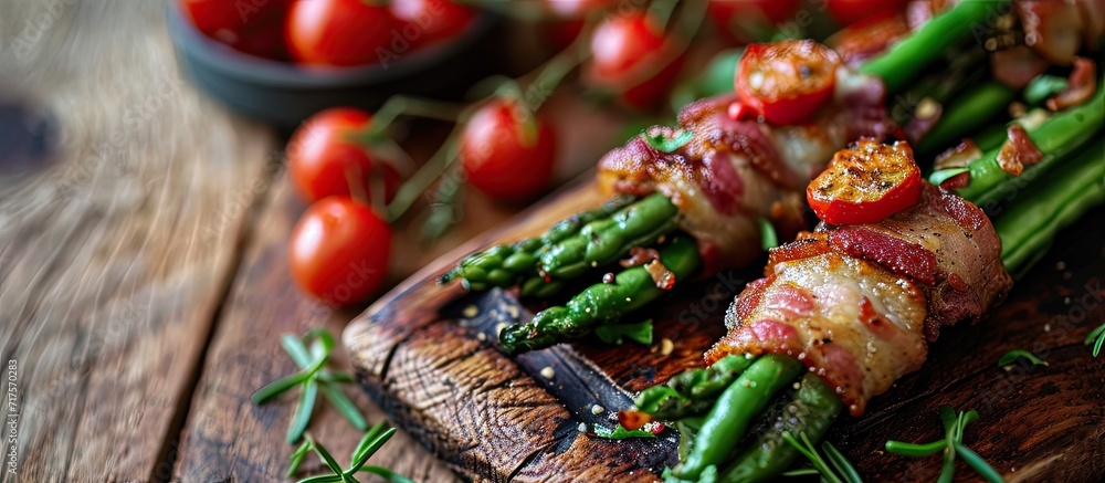 Homemade roasted green bean wrapped in bacon. Copy space image. Place for adding text or design Homemade roasted green bean wrapped in bacon. Copy space image. Place for adding text or design