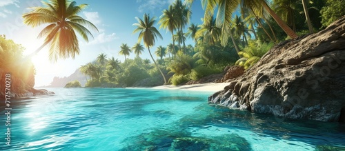 Palm trees over stunning lagoon and white sandy beach. Copy space image. Place for adding text or design