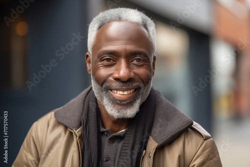 Smiling black mature man on the walk outdoors photo