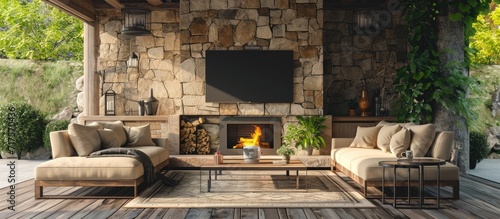 Luxury outdoor relaxing living room with large stone fireplace TV rug and beige sofa. Copy space image. Place for adding text or design