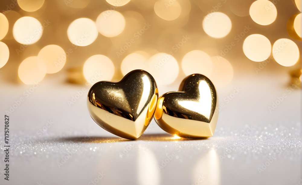 Two small gold heart on a sparkling white background, Valentine's Day, Christmas. Generative AI Two small gold heart on a sparkling white background, Valentine's Day, Christmas. Generative AI