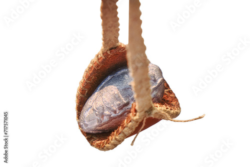 Foto Roman slingshot of leather, isolated on a white background