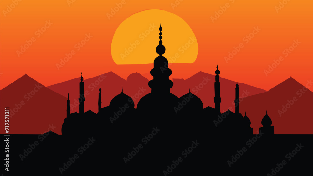 Mosque silhouette on hot sun orange sky background, Ramadan Kareem background, vector banner and poster illustration