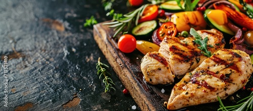 Grilled chicken breast with fresh vegetables Selective focus. Copy space image. Place for adding text or design photo