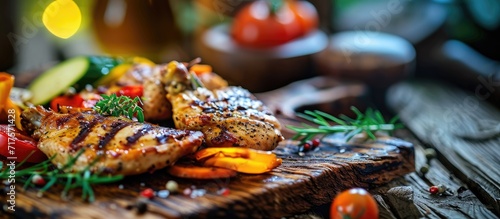 Grilled chicken breast with fresh vegetables Selective focus. Copy space image. Place for adding text or design photo