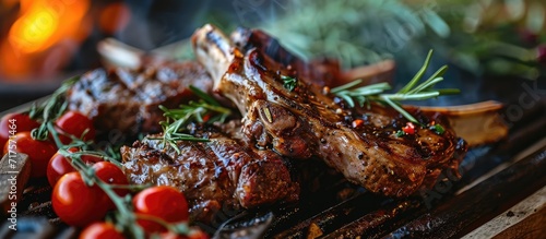 Lamb chop being grilled under flames At outdoor. Copy space image. Place for adding text or design