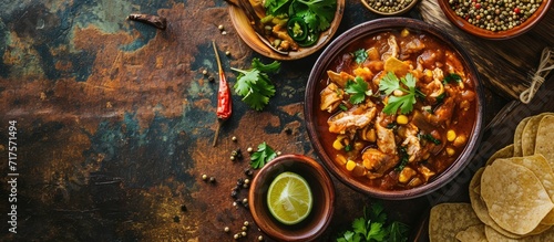 Pancita Also known as Menudo or Mondongo it is a typical dish from Mexico and other countries it is prepared with beef tripe and dried chilies accompanied by corn tortillas. Copy space image photo