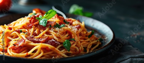 Homemade Stir Fried Spaghetti With Dried Chili And Bacon. Copy space image. Place for adding text or design