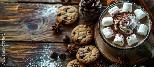 Hot cocoa or hot chocolate in cups with marshmallows on the side and cookies in the back photographed on wood Selective Focus Focus in the middle of the right cocoa s surface. Copy space image © Gular
