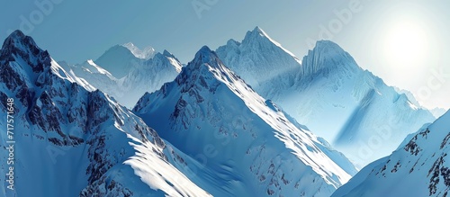 minimalist landscape with bright snow covered mountain and blue sky. Copy space image. Place for adding text or design
