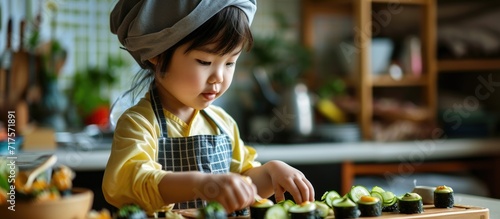 little girl in an apron prepares sushi laying cucumbers. Copy space image. Place for adding text or design