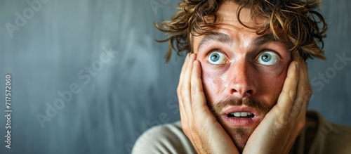 Nervous man is afraid of public speech and sweating. Copy space image. Place for adding text or design