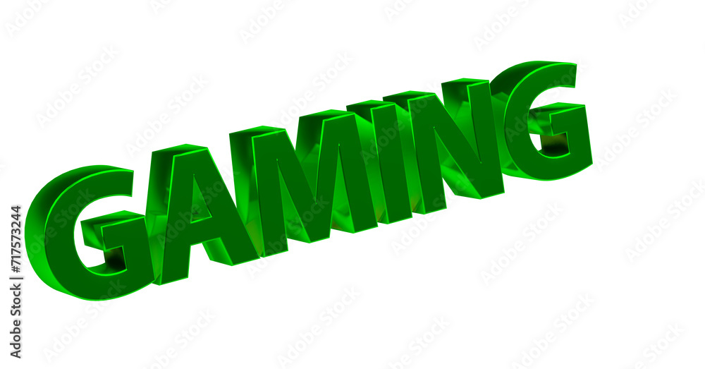 Gaming, Spielen, Computerspiele, Videospiele, E-Sport, zocken - grüne plakative 3D-Schrift, Freisteller, Rendering Gaming, Spielen, Computerspiele, Videospiele, E-Sport, zocken - grüne plakative 3D-Schrift, Freisteller, Rendering