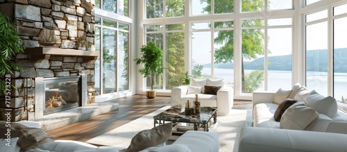 large open living room with lake view floor to ceiling windows view granite fireplace white furnishings hardwood floor and white area rug. Copy space image. Place for adding text or design photo