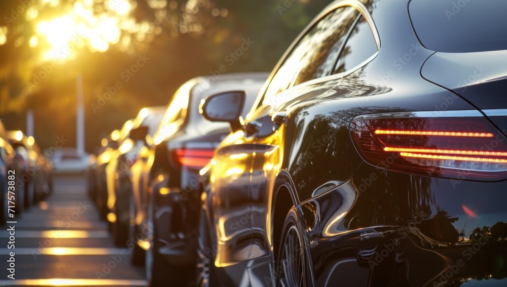 black cars parked in a parking lot near sunset or sunrise, in the style of close-up intensity, light silver and light gold,