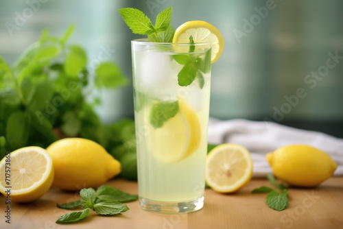 fresh lemonade in a glass with sliced lemons and mint leaves