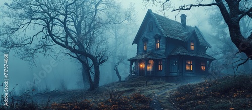 Haunted house in night forest Old abandoned house and burning yellow monster eyes and mysterious landscape of foggy forest Scary colonial cottage in mysterious forestland Photo toned in blue co photo