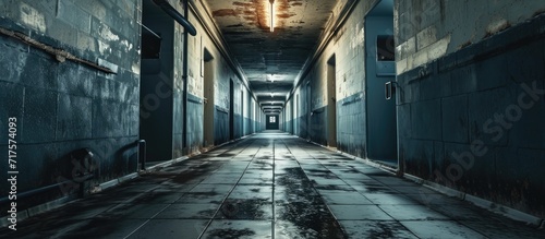 Large corridors of old Soviet military bunker echo of cold war. Copy space image. Place for adding text or design photo