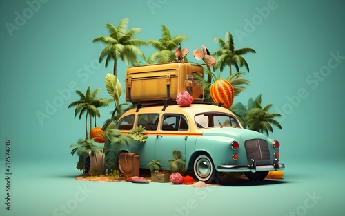 3d illustration cartoon travel car with luggage to summer beach