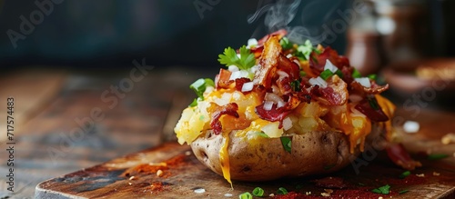 Hot baked potato topped with bacon green onions and cheddar cheese. Copy space image. Place for adding text or design photo