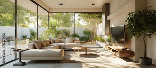 Living room with a corner sofa in front of a large TV and access to a cozy backyard in a modern house. Copy space image. Place for adding text or design