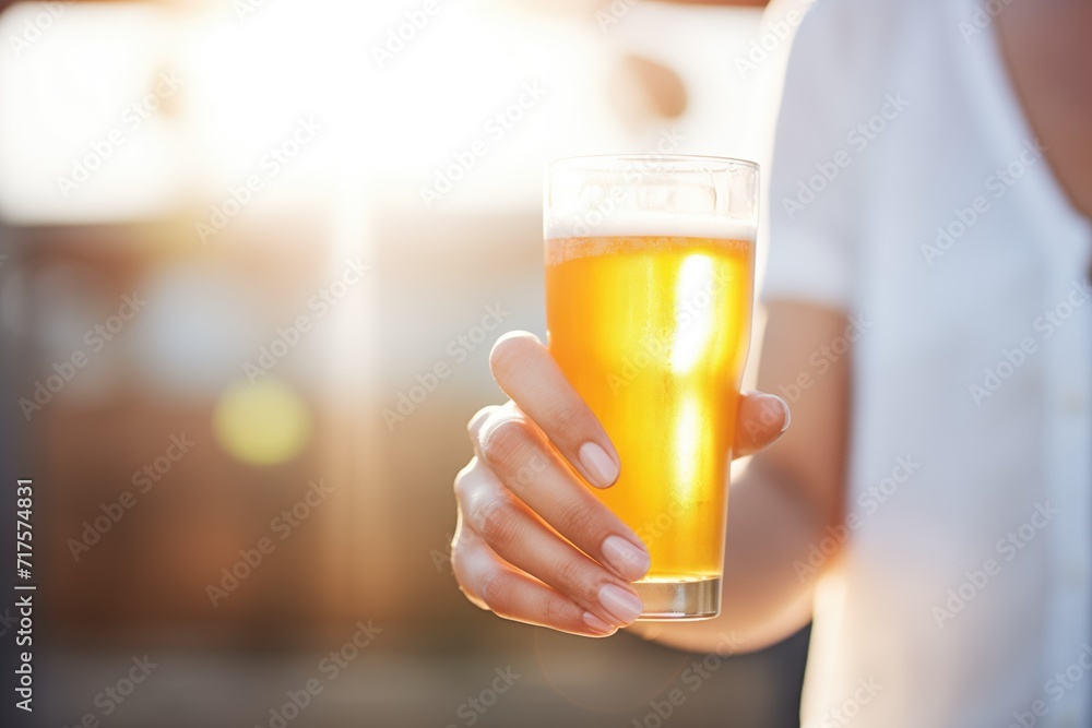hand holding light lager against a sunny backdrop hand holding light lager against a sunny backdrop