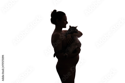 Silhouette of a woman during pregnancy with a cat in her hands, isolated on a white background. Concept of problems with a pet due to toxoplasmosis