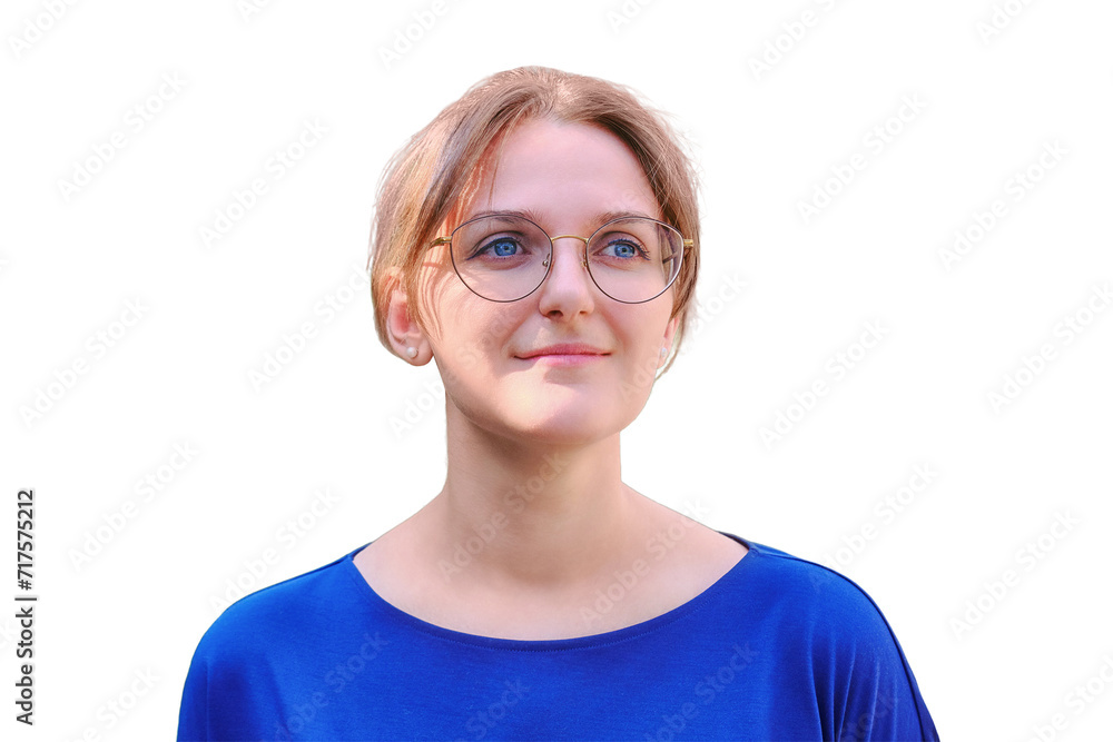 Face of a brunette woman, wearing glasses and blue clothes, isolated on a white background. Woman smile in the sun in warm weather.
