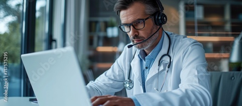 Middle aged male doctor using headset and laptop for online video call consulting of patient Telemedicine concept for domestic health treatment Online remote medical appointment Medical technol photo
