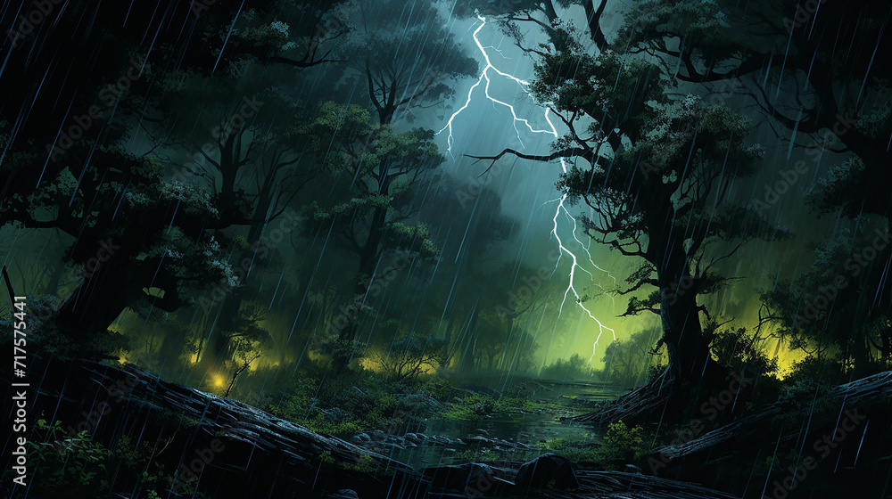 a fierce midnight thunderstorm in a forest
