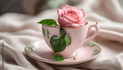 Summer pink roses in a small cute cup on saucer decorated with linen cloth