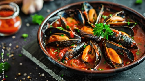 Dish of mussels served in a rich tomato-based sauce