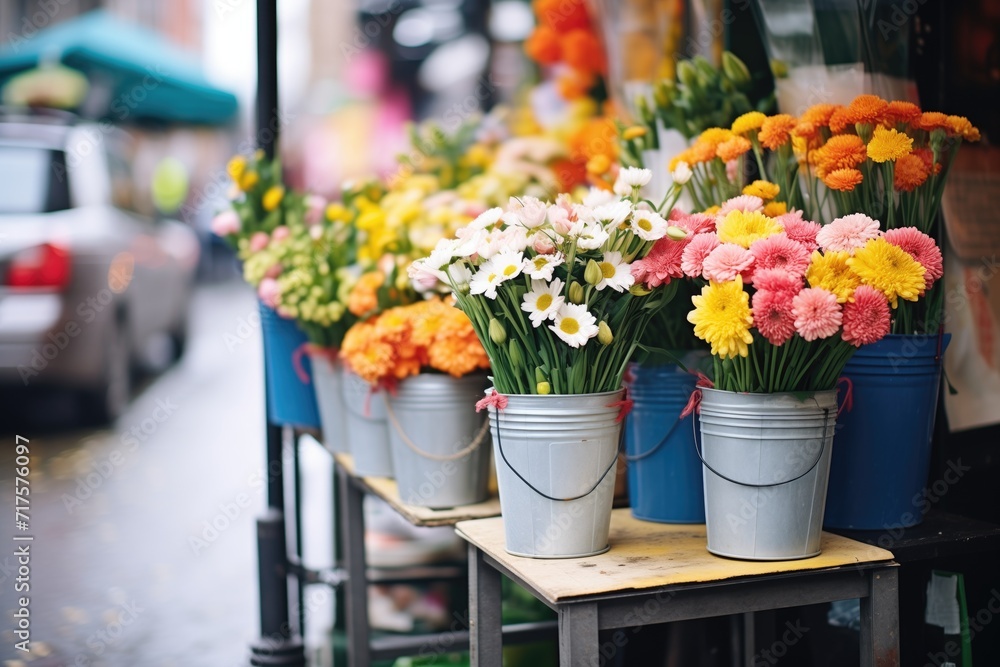fresh cut flowers arranged in buckets for sale