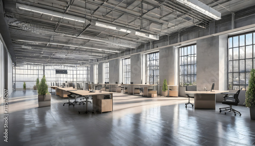 Empty Postindustiral Office Hall - panoramic 3d Visualization. Generative AI.