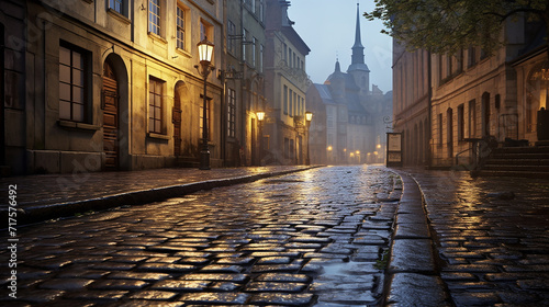 morning rain in an old european city. raindrops pattern