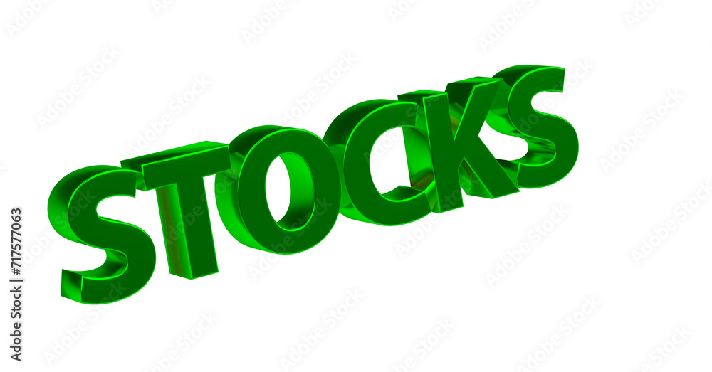 Stocks - Bestand, Vorräte, Inventar, Lagerbestand, Ware, Sortiment - grüne plakative 3D-Schrift, Freisteller, Rendering
