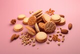 Sweet Assortment of Crunchy Almond Biscuits, on isolated pink background, Generative AI