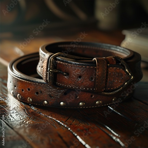Men elegance leather belt on wooden table.